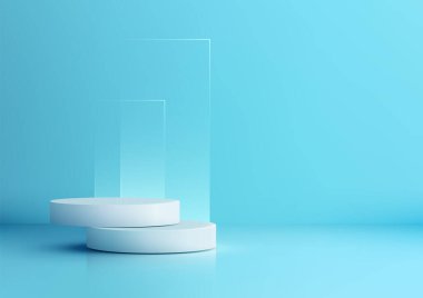 Minimalist 3d modern konsept beyaz silindirik platformlar yansıtıcı mavi yüzey üzerinde yarı saydam paneller, ürün gösterimi, modelleme veya parlak fütüristik tarzda teknolojik markalaşma