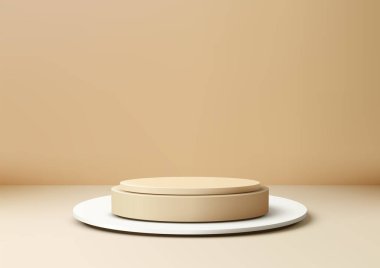 Beyaz dairesel tabanlı minimalist 3d açık bej podyum, ürün modellemeleri veya zarif gösterimler. Nötr tek renkli arkaplan, modern sunumlar ve lüks vitrinler