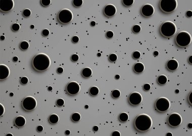 Açık gri dokulu arka plan, modern tasarım projeleri, duvar kağıtları ya da yaratıcı dijital sanat üzerinde dağınık siyah daireler ve noktalar içeren minimalist soyut desenler