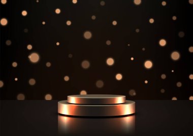 Ilık, parıldayan bokeh ışıkları, lüks ürün sergileri, ödül törenleri ve modern sergi salonunun sofistike maketleri ile koyu renkli yansıtıcı yüzeyde parlak metalik iki katlı dairesel podyum.