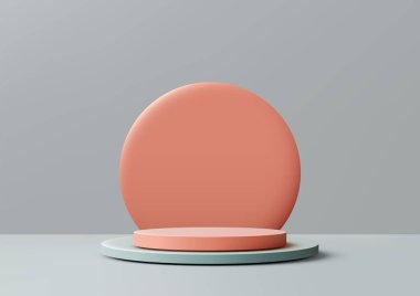 Soluk pembe dairesel podyum, gri bir duvara dayalı turuncu bir zemin ile açık deniz mavisi ve beyaz bir zeminde yer alır ve ürün sergileme veya markalaştırma için minimalist bir stüdyo sahnesi yaratır.