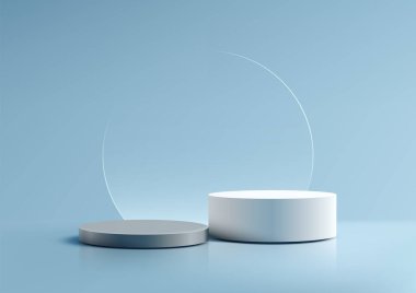 Modern 3D sahne mavi bir yüzeyde beyaz silindirik podyum ve gri taban gösteriyor, minimalist modeller, markalaştırma görselleri veya sergi odası sunumları için mükemmel.