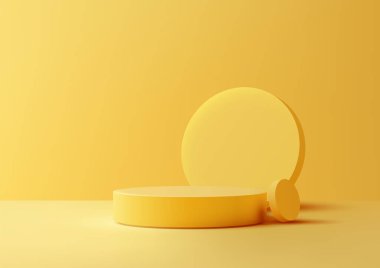 3D sarı podyum sahnesi, bir stüdyo ortamında modern ürün gösterimi, modeli veya markalaşma sunumu için tasarlanmış uzun silindirik arka plan ve küçük dairesel unsurları gösteriyor.