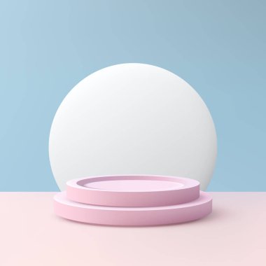 3D iki katmanlı pembe kürsü, beyaz bir daire ve yumuşak mavi arka planı olan pastel pembe bir zeminde, ürün sergisi, markalaşma sahneleri ve modern tasarım modelleriyle oturmaktadır.