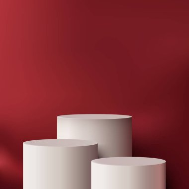 Koyu kırmızı zemin üzerinde üç beyaz silindir podyumu olan 3D minimalist sahne, modern ekran ürünleri veya ticari kullanım için markalaştırma şablonu için ideal