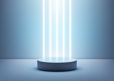 Dikey neon ışınlarıyla aydınlatılan parlak beyaz silindirik podyum mavi bir odada duruyor ve gelecekteki modelleme veya teknoloji temalı bir ekranda ürünleri sergilemek için modern bir sahne sunuyor.