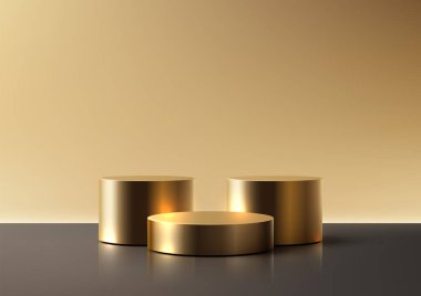 3D altın silindirik podyumlar, zengin bir gradyan altın arkaplan, lüks ürün gösterimi ve premium tasarım motifleri için mükemmel, karanlık bir yansıtıcı zemin üzerine yerleştirilir.