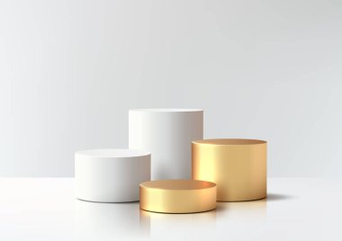 Temiz beyaz bir oda farklı yüksekliklerde dört altın ve beyaz silindir podyum barındırır. Ürün modeli için tasarlanan bu minimal 3D sahne kozmetik markalaşma ve lüks vitrin için idealdir.