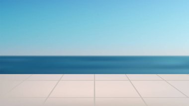 Berrak mavi gökyüzünün altında okyanusa bakan serin fayanslı teras, yaz gezisi temaları, doğa arka planı ve barışçıl titreşimli minimalist dış mekan kavramları için mükemmel.