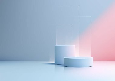 İki açık mavi silindirik podyum ve üç yarı şeffaf panel modern ürün gösterimi, markalaşma ve modelleme amaçları için tasarlanmış yumuşak maviden pembe gradyan arkaplanda otururlar.