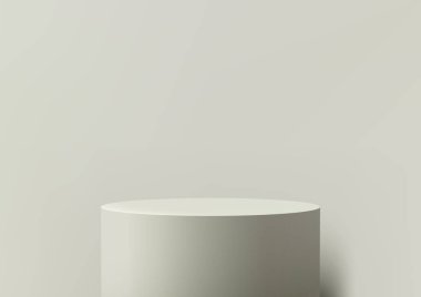 Beyaz silindirli minimalist 3D podyum, modern sergi salonlarında markalaşma, ürün modellemeleri ve ticari sunumlar için tasarlanmış bir stüdyo sahnesinde temiz bir arkaplanda duruyor.