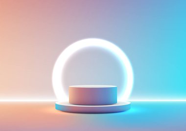 Canlı turuncu ve mavi gradyan arkaplan üzerine kurulu parlak bir silindirik podyumun arkasında parlayan neon daire teknoloji gösterileri ve dijital sergi salonları için geleceksel bir ürün gösterisi yaratıyor.