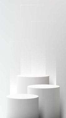 Üç modern beyaz silindirik podyum minimalist bir sahnede, yumuşak gri bir zeminde, temiz ışık altında düzenlenmiştir. Ürün modeli, markalaşma görüntüsü veya pazarlama görselleri için ideal