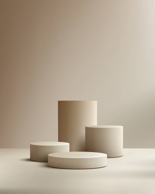Yumuşak bir stüdyo arka planında dört silindirik duruşu olan minimalist 3d bej podyum sergisi, ürün sunumu, marka tasarımı, modern reklamcılık ve kozmetik tanıtım için ideal