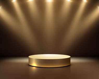 Ürün seremonileri veya şık markalaşma sunumları için ideal karanlık yansıtıcı sahne arkaplanı üzerine sıcak spot ışıklarıyla aydınlatılmış lüks altın podyum