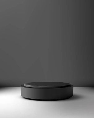3d siyah silindir podyumu beyaz zemin üzerinde spot ışığı ile karanlık arka planda en az modern sahne oluşturur ürün gösterimi, markalaşma modeli, sergi sunumu ve reklamcılık için