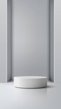 Minimalist gri odada beyaz silindir kaidesi olan modern ürün görüntüsü. Temiz ışıklandırma simetrisi ve rafine tasarımı markalaştırma veya reklam modellemeleri için mükemmel.
