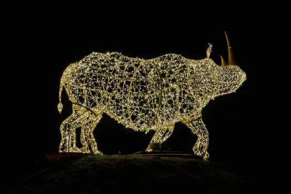 Nosorožec Jako Osvícená Výzdoba Pohádkových Světel Světelné Instalaci Lumagica Parku — Stock fotografie