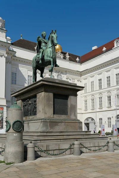 Equestrian statue from 1807 with the image of Emperor Joseph II as Roman Emperor in front of the Vienna National Library                               