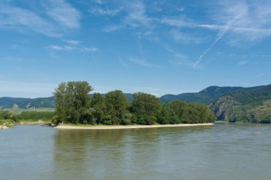 River landscape with Danube river in Wachau region near Duernstein in Austria                               
