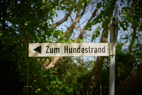 ドイツ語の碑文Zum HundestrandとKuehlungsbornとHriigendammの間のバルト海にサインインします 犬のビーチへ — ストック写真