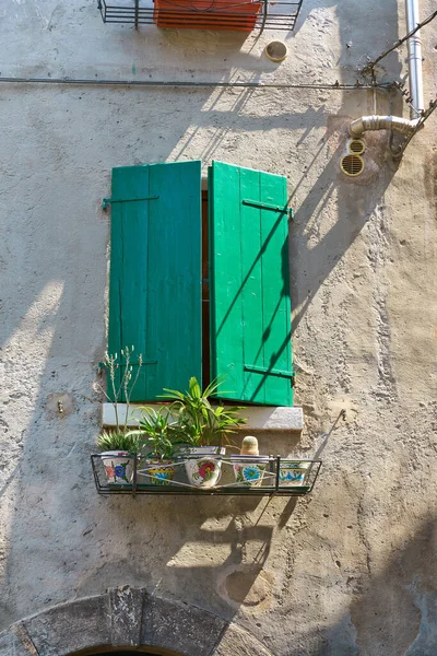 Window with green shutters and some plants in the old town of Malcesine on Lake Garda in Italy