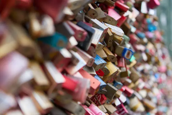 stock image Love padlocks as a sign of eternal commitment on the Hohenzollern Bridge in Cologne in Germany                               