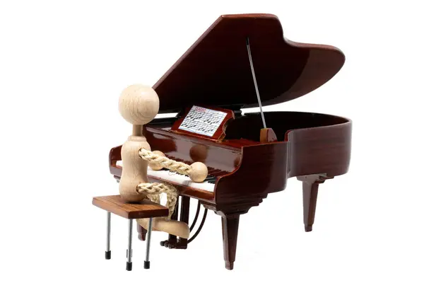Wooden Figure Play Black Mini Piano White Background — Stock Photo, Image