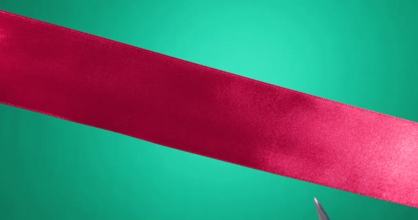 Snijden Van Een Scharlaken Rood Ceremoniële Lint Een Groene Achtergrond — Stockvideo