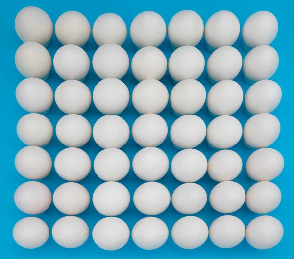 Een Groot Aantal Witte Eieren Een Blauwe Achtergrond — Stockfoto
