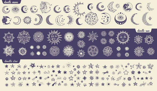 Stelle Sole Luna Disegnato Mano Scarabocchio — Vettoriale Stock