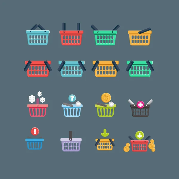 五颜六色的购物篮 装有硬币图标和箭头 — 图库矢量图片#