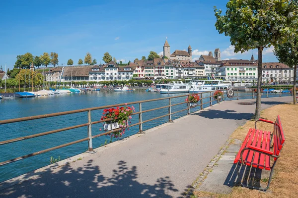 Schöne Seepromenade Mit Bank Touristenort Rapperswil Blick Auf Hafen Und — Stockfoto