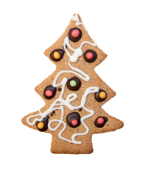 孤立的圣诞饼干 形状像一棵树 透明的背景 带有糖球和巧克力装饰的全麦面包店 — 图库照片