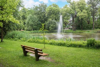 spa garden Bad Aibling in spring, resting place with bench, pond with fountain. upper bavarian landscape