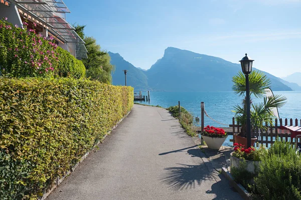 Paseo Marítimo Faulensee Lago Thunersee Resort Turístico Bernese Oberland Suiza —  Fotos de Stock