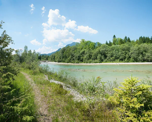 Piękna Rzeka Isar Zieloną Strefą Nadbrzeżną Górna Bawaria Wiosennego Krajobrazu — Zdjęcie stockowe