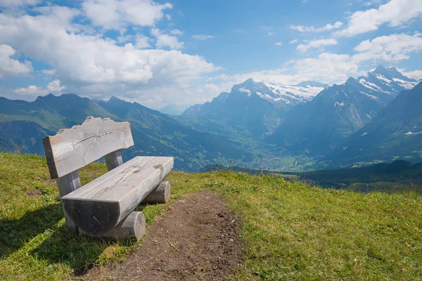 Wooden Bench Mannlichen Mountain View Grindelwald Tourist Resort Swiss Alps — Stock Photo, Image