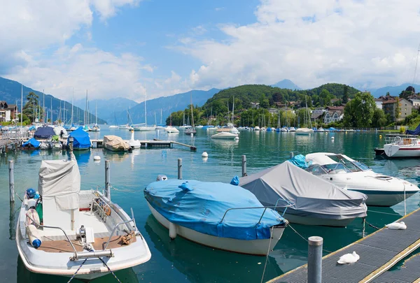 Moored Boats Spiez Harbor Lake Thunersee Tourist Resort Switzerland — Stock Photo, Image