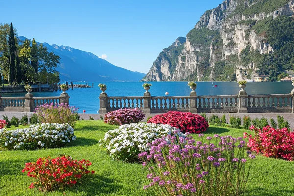 风景如画的湖边公园Riva Del Garda 旅游胜地湖 北花园 美丽多彩的花坛 免版税图库图片