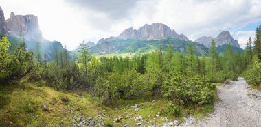 Pisciadu yürüyüş parkurundan Sassongher ve Sass Ciampac 'a, Dolomitler Alta Badia' daki manzara