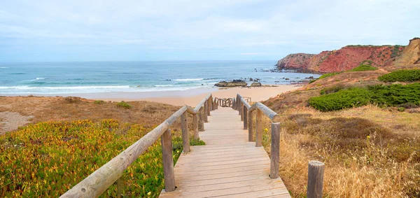 Beautiful Amado Beach Boardwalk Red Cliffs Mediterranean Plants Surfer Spot — Stock Photo, Image
