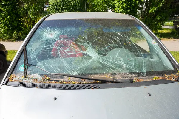 汽车的挡风玻璃破碎由于暴力闯入或事故 特写镜头 被花粉覆盖着 图库图片