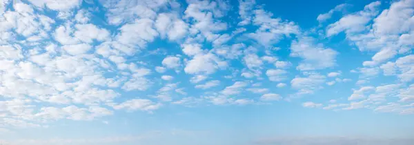 blue sky panorama with fleecy white clouds in the upper half. natural background