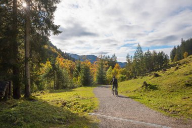 Oberstdorf yakınlarındaki oytal güzergahında motorcu, sonbahar ormanı ve gri bulutlar, turizm beldesi allgau alpleri