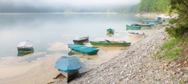 lake Sylvensteinsee with moored rowing boats at gravel beach, foggy morning. landscape upper bavaria clipart