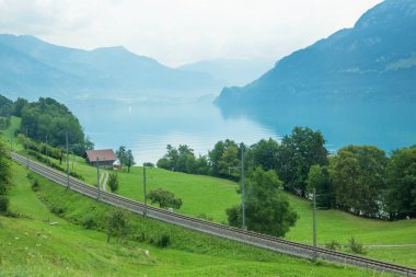 railway along lake Brienz, green lakeside and alps view, Bernese Oberland clipart