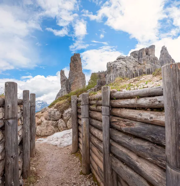 stock image trench for mountain infantry, with wooden wall from the 1st world war. landscape cinque torri dolomites, south tyrol