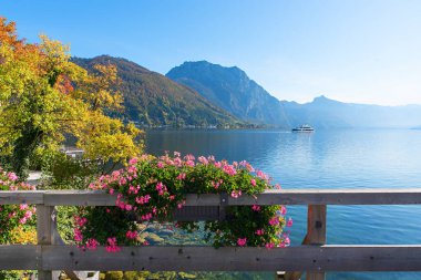 Traunsee gölü, ahşap yaya köprüsü, sardunya çiçekli şato dağ manzaralı sonbahar manzarası ve yolcu gemisi. Turizm merkezi Gmunden, Salzkammergut, Avusturalya