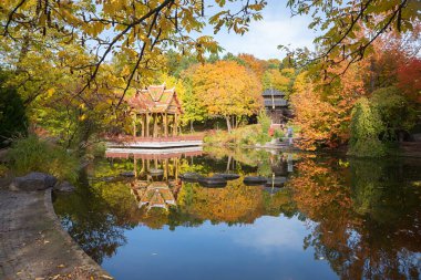 Sonbahar parkı manzarası Münih Westpark, Tayland tapınağıyla dolu gölet, renkli ağaçlarla çevrili. Sudaki taşlar. Yansıma ile.
